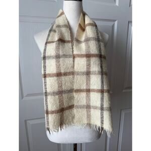Handwoven Icelandic Wool Cream Brown Plaid Scarf Fringe Minimalist Iceland Made